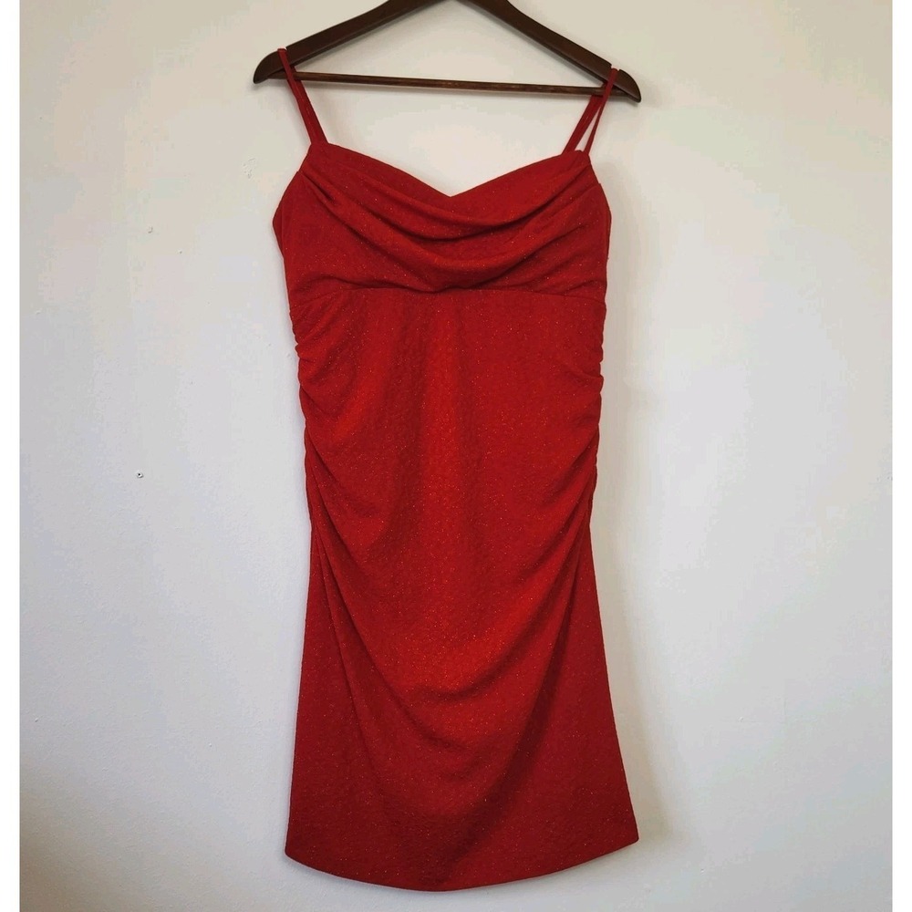 Emerald Sundae Red Glitter Ruched Bodycon Mini Dress Size XXL Spaghetti Strap